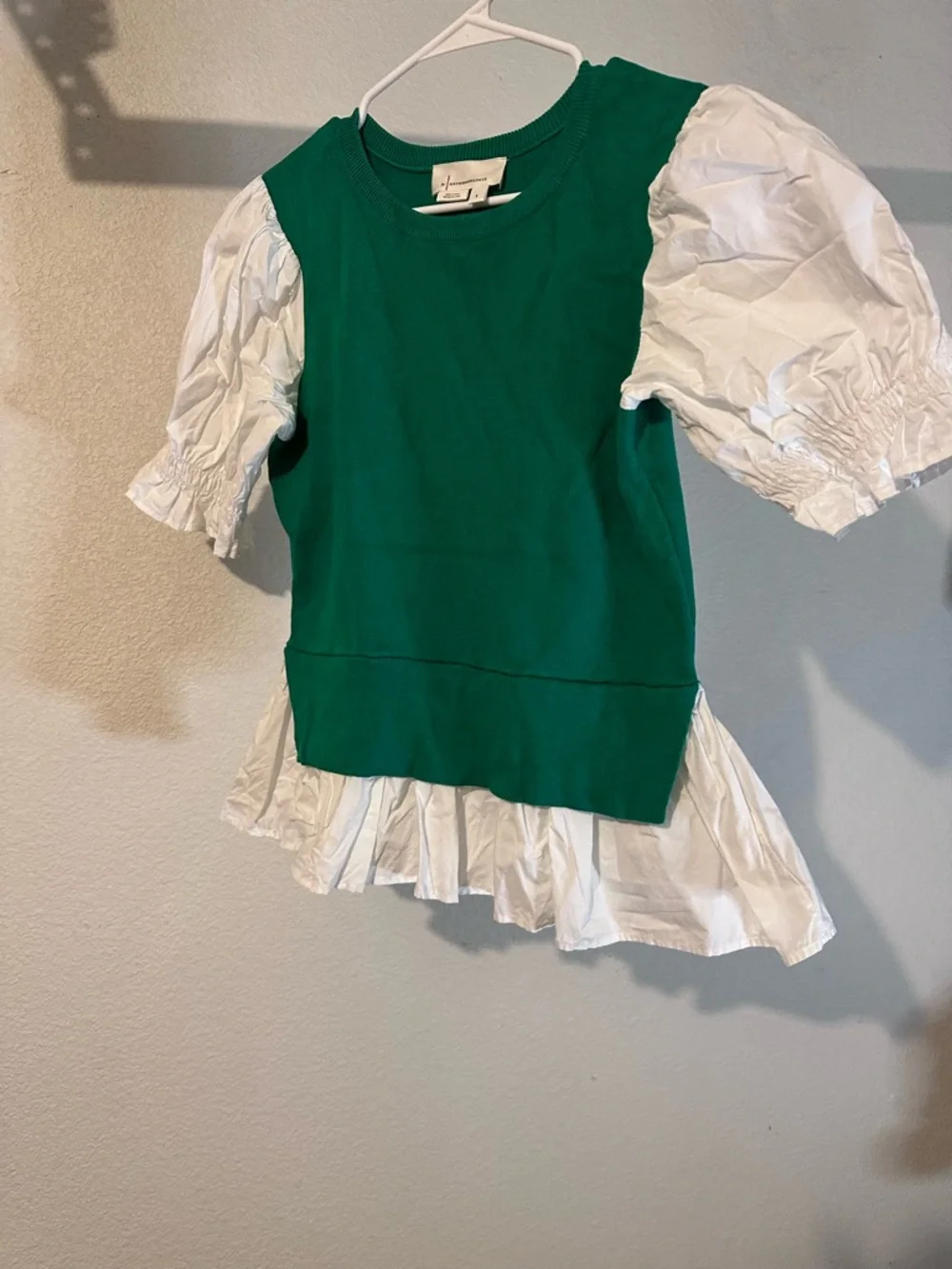 Anthropologie Green Knit Overlay Top with White Puff Sleeves